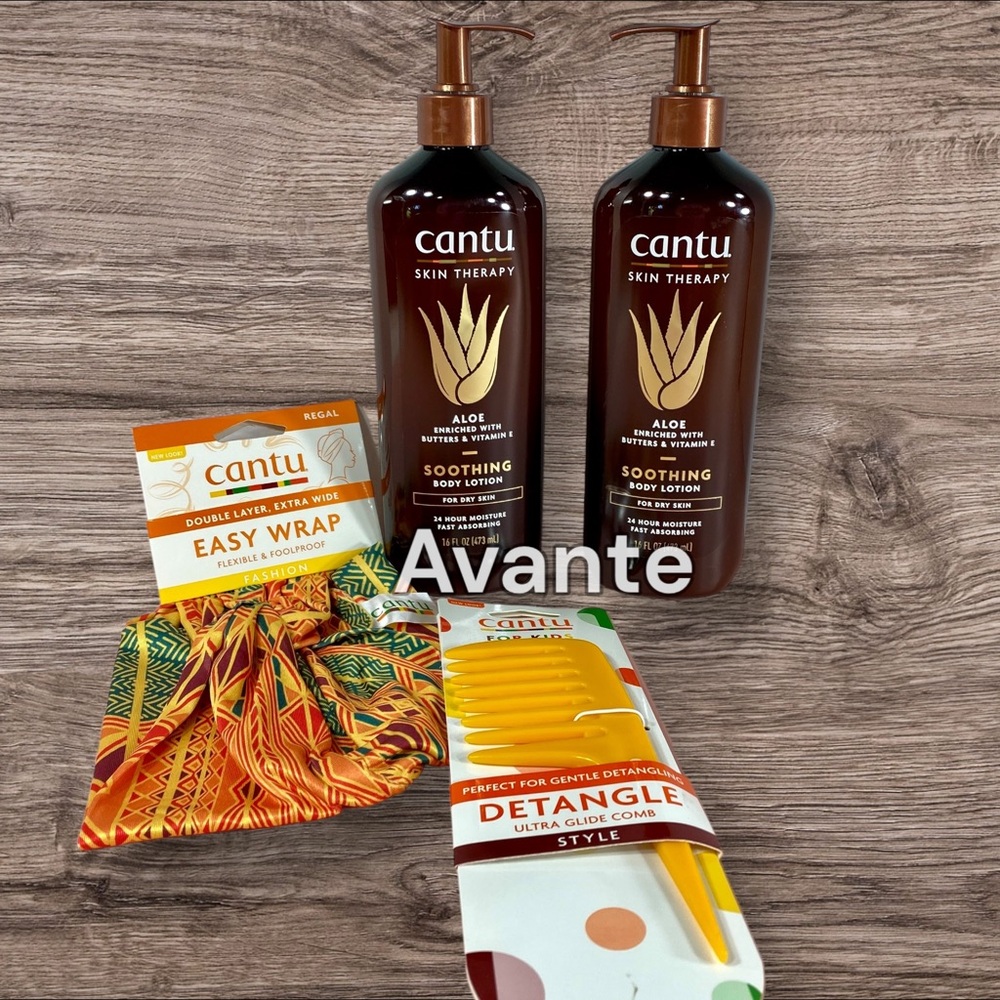 4pc Set Cantu SKIN THERAPY Aloe SOOTHING BODY LOTION + Easy Wrap + Detangle Comb